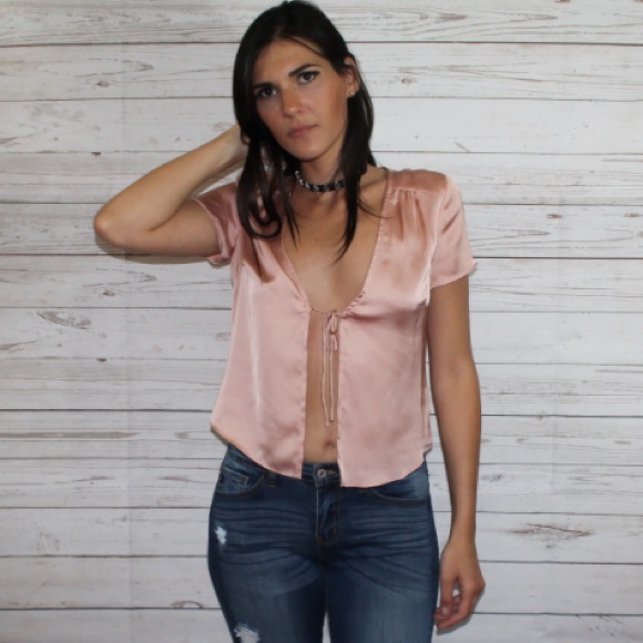 Satin Open Tie Front Top in Blush - Picture 2 of 2